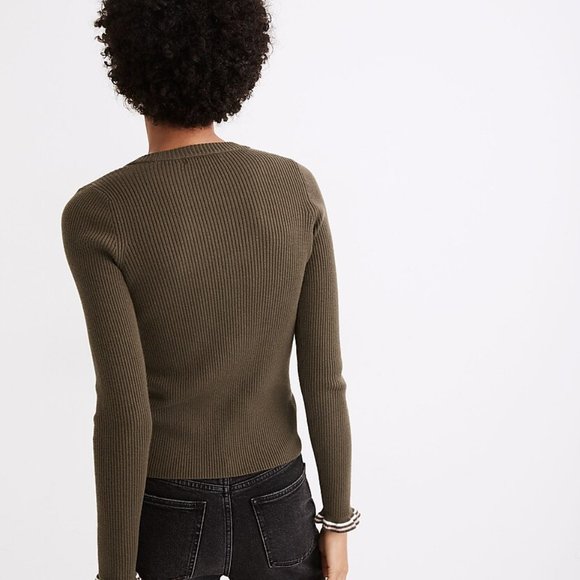 Madewell Olive Green Ribbed Henley Sweater Long Sleeve Button Front Knit Top - Picture 6 of 7